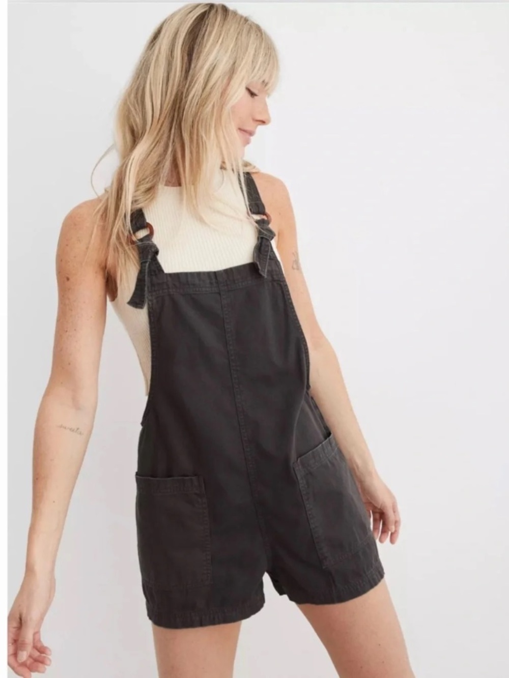 Aerie Beach Shortall Tortoise Short Overalls Adjustable Straps Smoked Grey sz XS